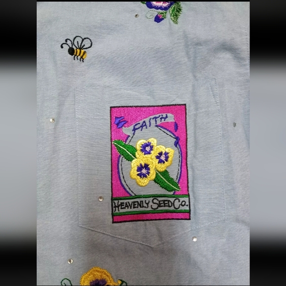 The Quacker Factory chambray Button Down Long Sleeve floral chambray Size S - Picture 2 of 6